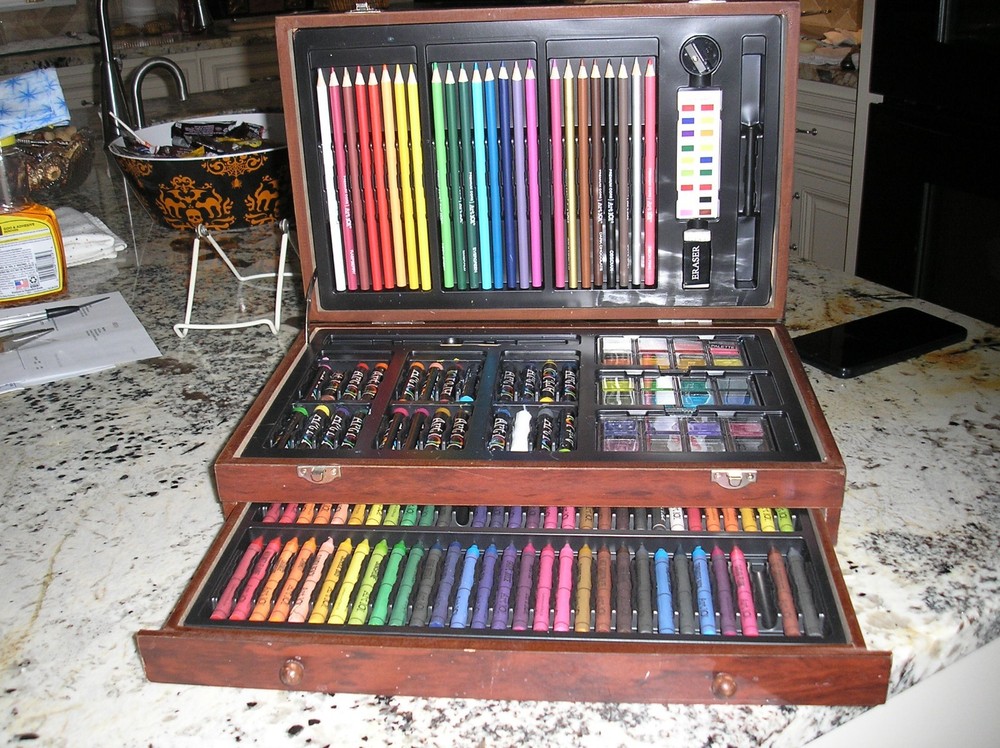 Art Set Wooden Box -1Drawer w/Assorted Color Pencils, Crayons, Water Colors