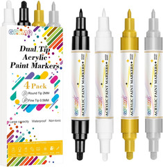 4 Pack Dual Tip Acrylic Paint Markers Pens (0.7mm & 3mm), Non-Toxic, Water-Based