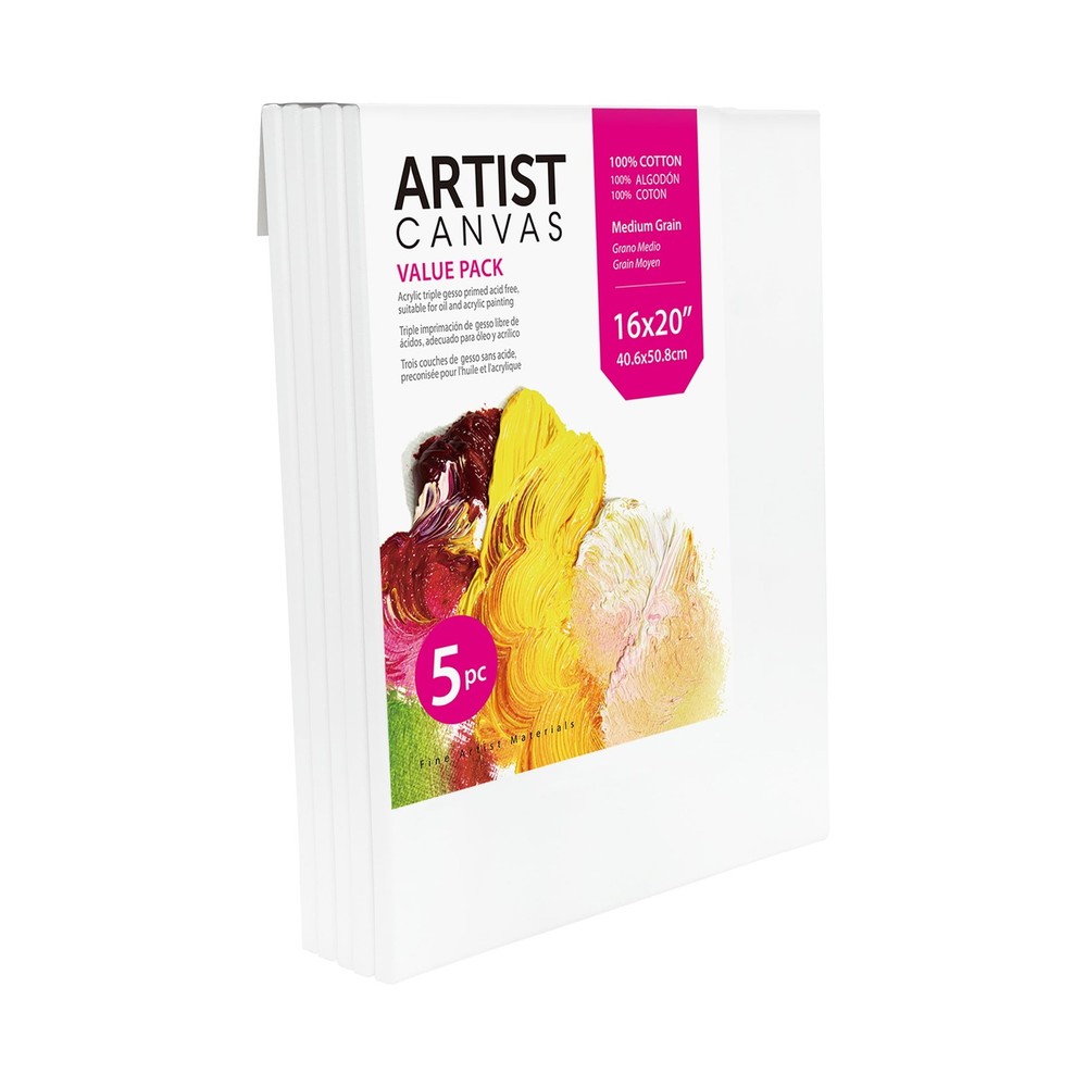 Studio Stretched Canvas 100% Cotton Acid-Free White 16×20 Inches 5-Pack Academic