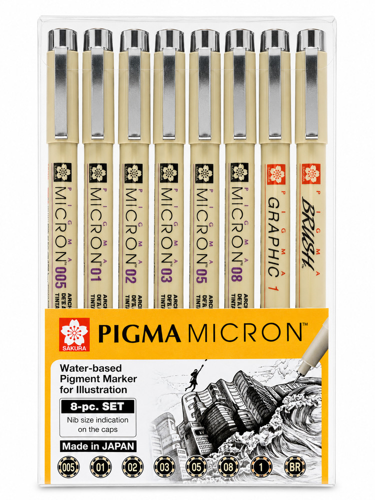 Sakura Pigma Micron, Graphic & Brush Fineline Pens, Archival Black Ink, 8 PK