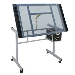 Adjustable Drafting Table Art Desk Drawing Table Glass Tabletop w/2 Slide Drawer