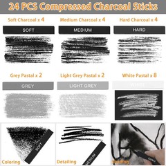 24 Pcs Compressed Charcoal Sticks with Soft, Medium, Hard and White Charcoal,…