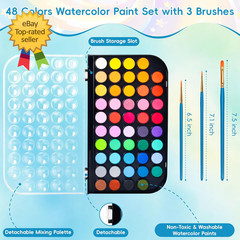 48 Color Solid Watercolor Paint Set with 3 Wooden Brushes Non Toxic Vibrant