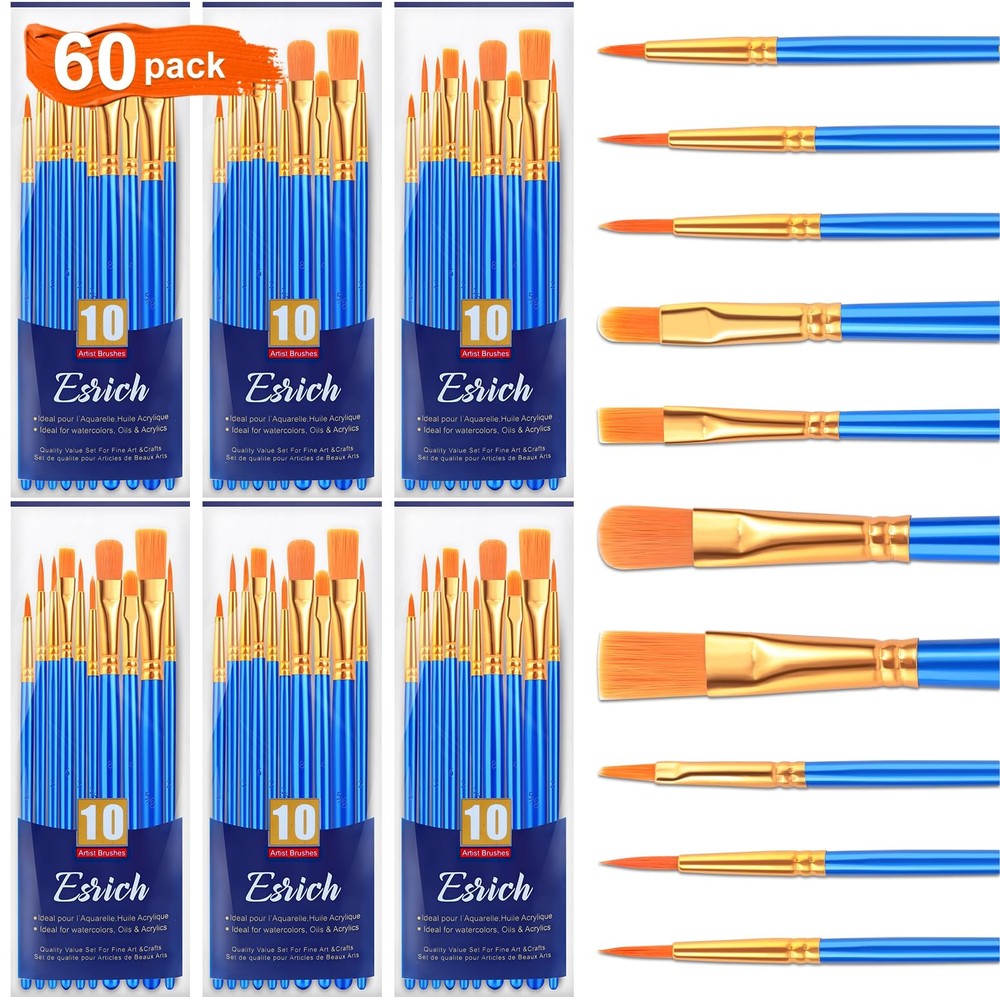 Nylon Hair Paint Brushes 6 Packs 60 Pcs Blue for Acrylic Oil Watercolor
