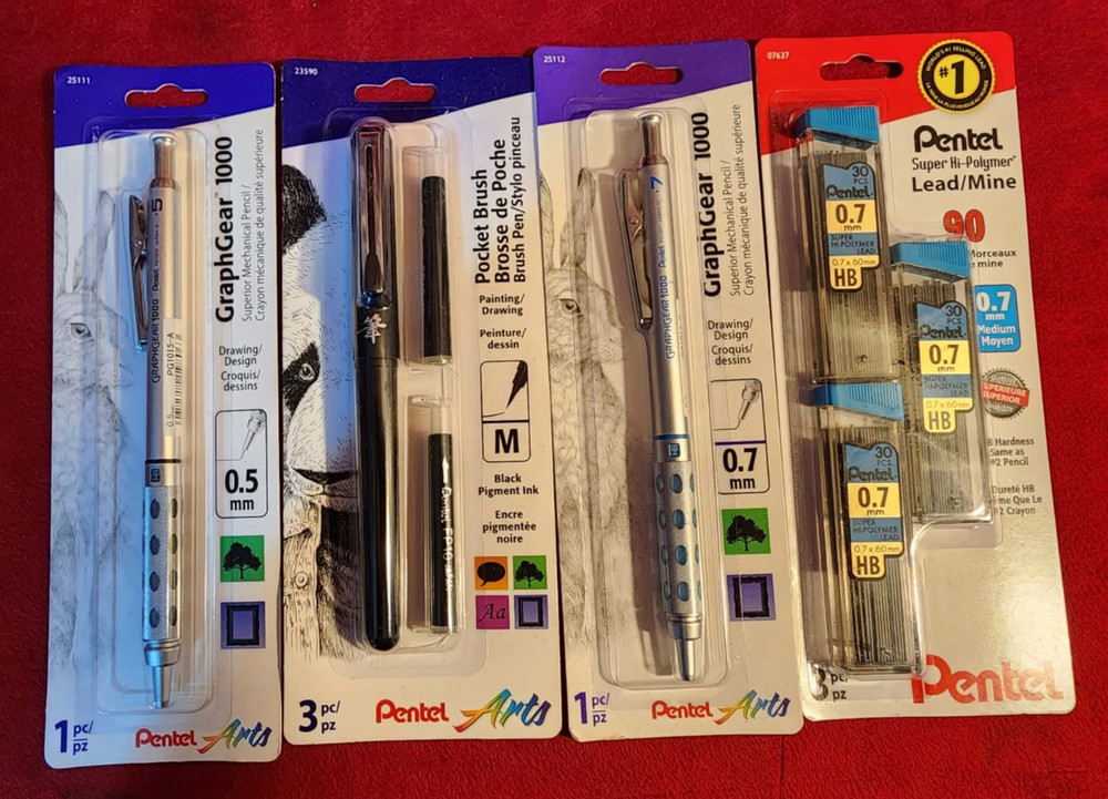 Pentel Art Pocket Brush Pen, Black M & 1 Pen 2 Refills, 0.5 & 0.7 replacmnt lead
