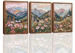 Boho Colorful Mountain Landscape Wall Art Set of 3, Flower Daisy Nature Canva…