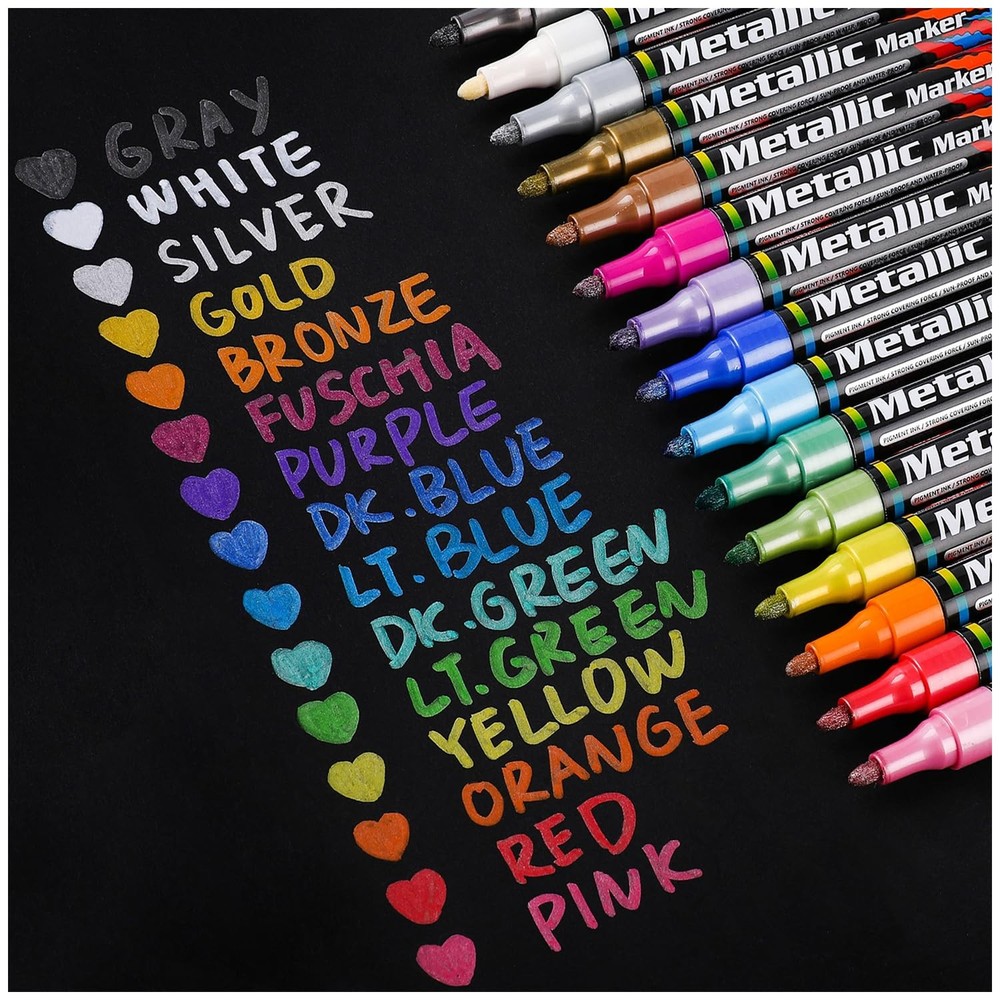 15 Pack Metallic Paint Markers Medium Tip Pens for Crafts Scrapbooking DIY