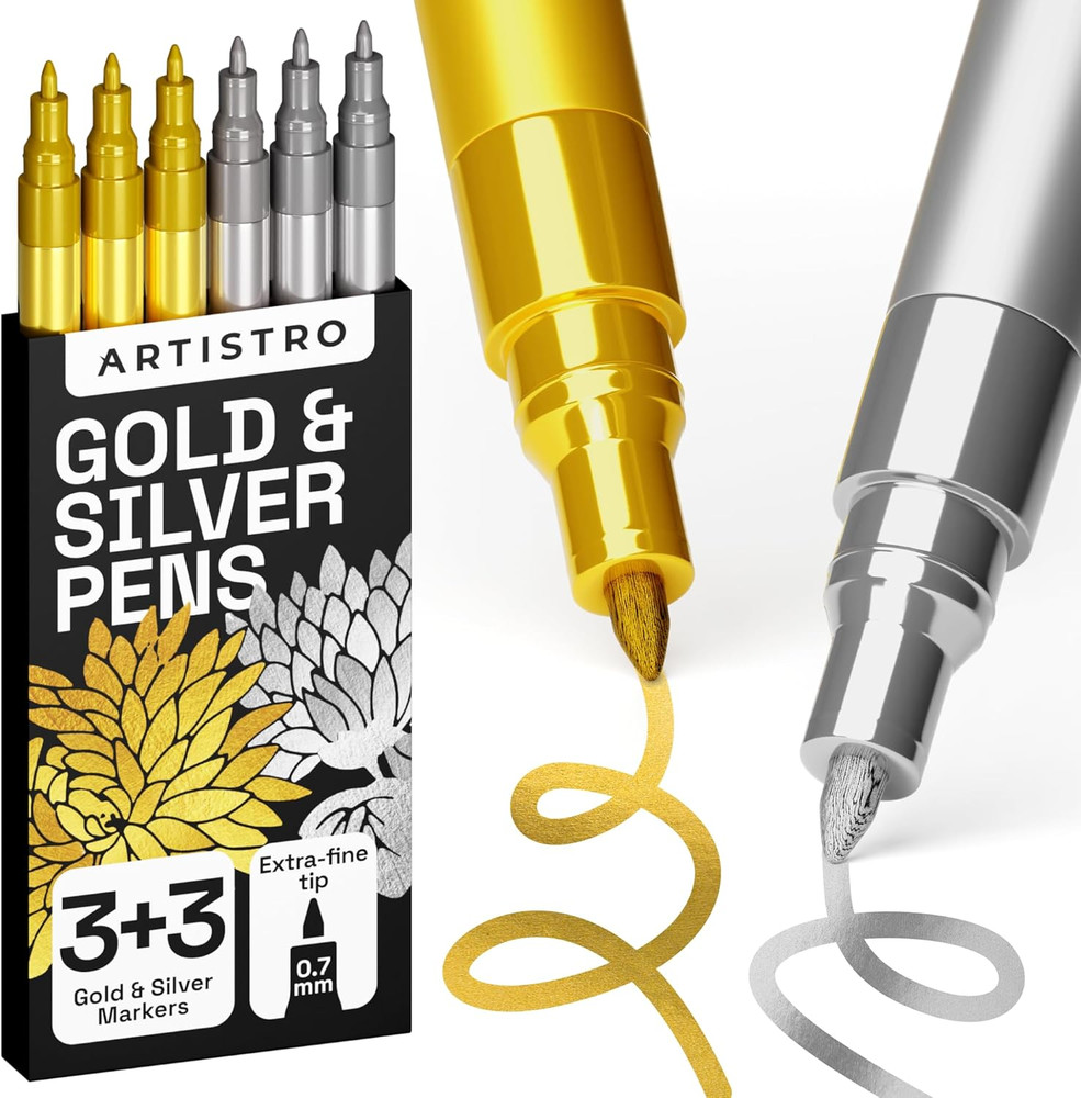 6 Acrylic Gold & Silver Paint Pens – 0.7Mm Extra-Fine Markers – Great for Gre…