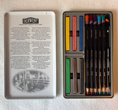 Derwent colored pencils & color blocks multi media set of 12, tin case, open box