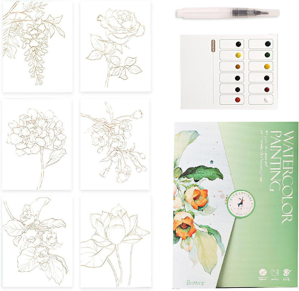 Beginner Watercolor Workbook Set with Envelope, Brushes and 12-Color Watercolor