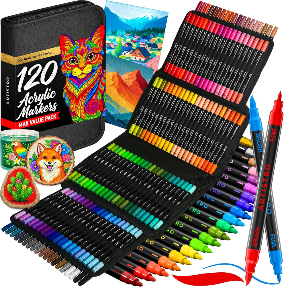 Acrylic Paint Pens with Storage Bag for Calligraphy – Markers with Brush and Fin