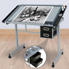 Drafting Table on Wheels Adjustable Glass Tabletop Drawing Desk w/Storage Drawer