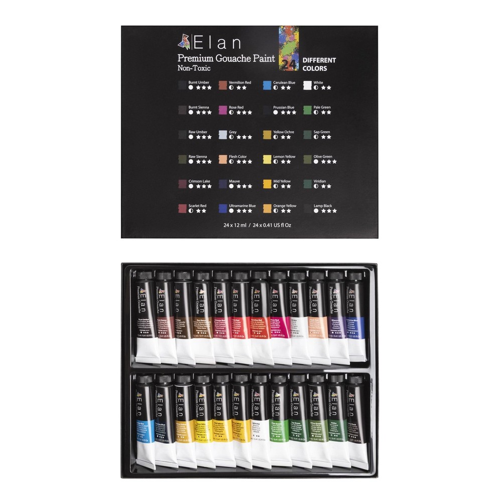 Elan Professional Gouache Paint Set, 24 Rich 0.4 Fl Oz (Pack of 24),