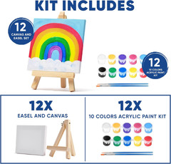 Mini Canvas and Easel Set with 10 Colors Acrylic Paint in Bulk Set of 12 – Kids