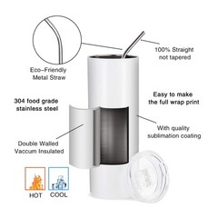 2 PCS Sublimation Blanks Skinny Tumbler White 20 OZ Straight Double Wall Stai…