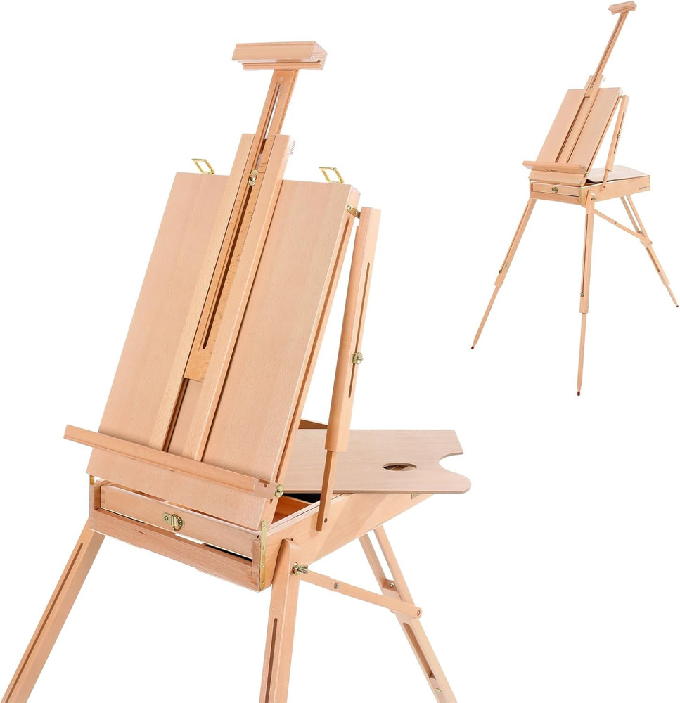 Beechwood French Easel with Sketch Box & Storage Drawer, Portable Folding Tripod