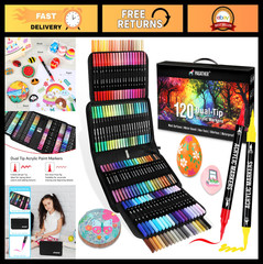 120 Colors Acrylic Paint Markers Set – Dual Tip Fine & Brush Pens for Art, DIY C