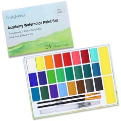 24 Colors Large Block Watercolor Paint Set Portable Kit 3 Brushes Art Craft