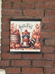 Hello Fall 5D Diamond Drill Dot Art Paint Kit Adorable Raccoon Pumpkins Leaves !