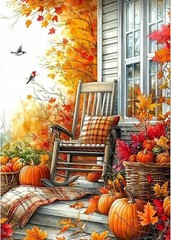 Autumn Chair Diamond Art Kits for Adults, Fall 12×16 inches, couryard