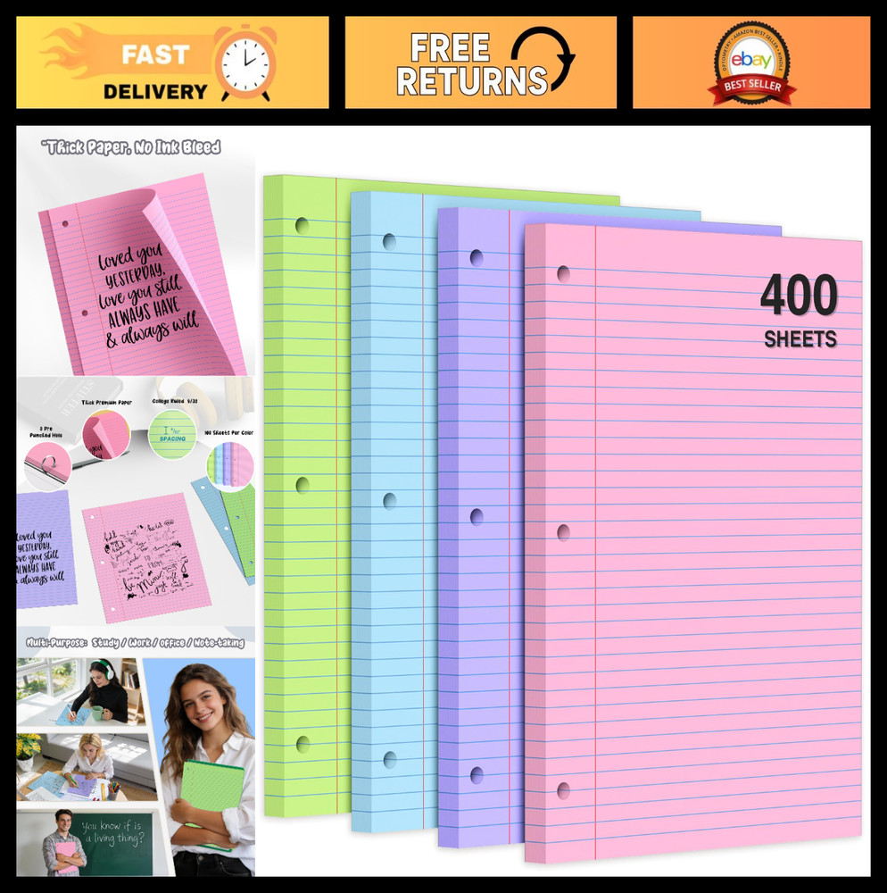 400 Sheets College Ruled Pastel Filler Paper Set, 8″x10.5″, 3-Hole Punched, Bind