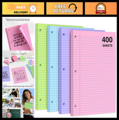 400 Sheets College Ruled Pastel Filler Paper Set, 8″x10.5″, 3-Hole Punched, Bind