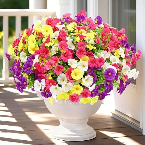 Artificial Flowers for Outdoors 14 Bundles Purple, Rose Red, White & Yellow