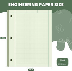 Engineering Paper Pad 8.5×11 Green 5×5 Grid 100 Sheets 3-Hole Punched