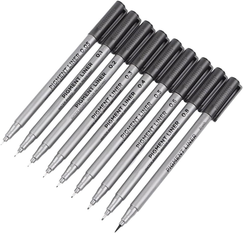Micro-Pen Fineliner Ink Pens, 9 Pcs Black Micro Fine Point Drawing Pens Waterpro