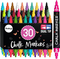 Dual Tip Liquid Chalk Markers for Blackboard – (30 Pack, 1Mm Fine Tip +5Mm Bold)