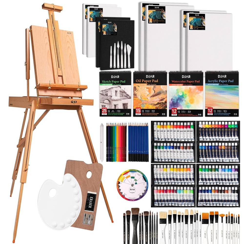 DJAR 169-Piece Wooden French Easel Art Painting Kit for With
