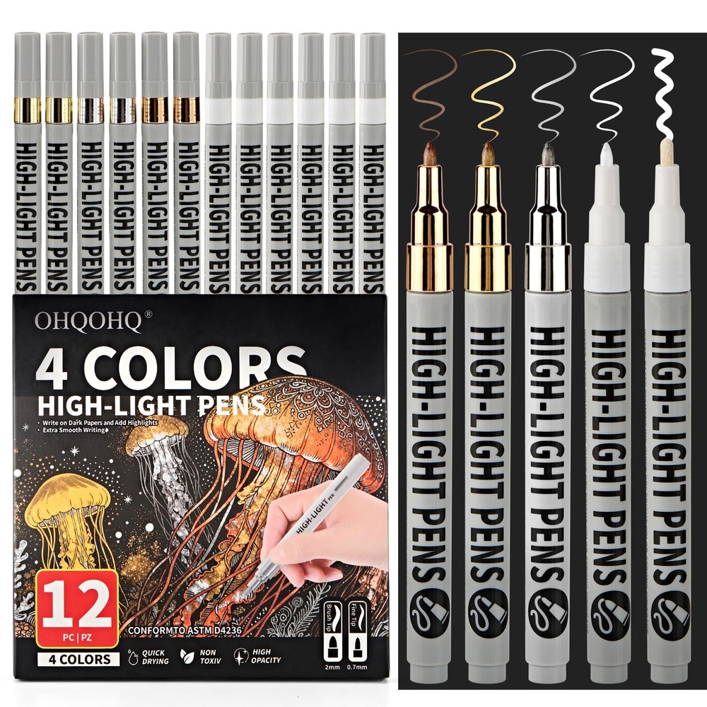 OHQOHQ Highlight Pens 12 Pack, White Ink 12 Count (Pack of 1), Multicolor