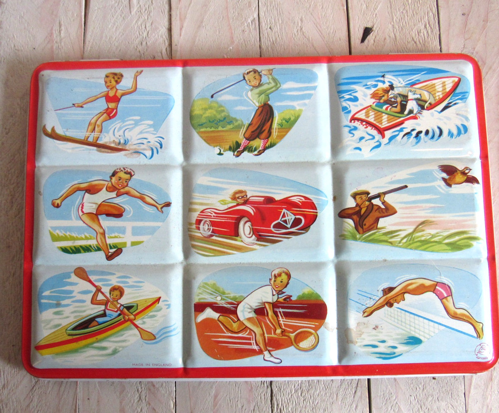 Vtg 1950s Watercolor Paint Tin Page of London Sports Theme Made in England USED