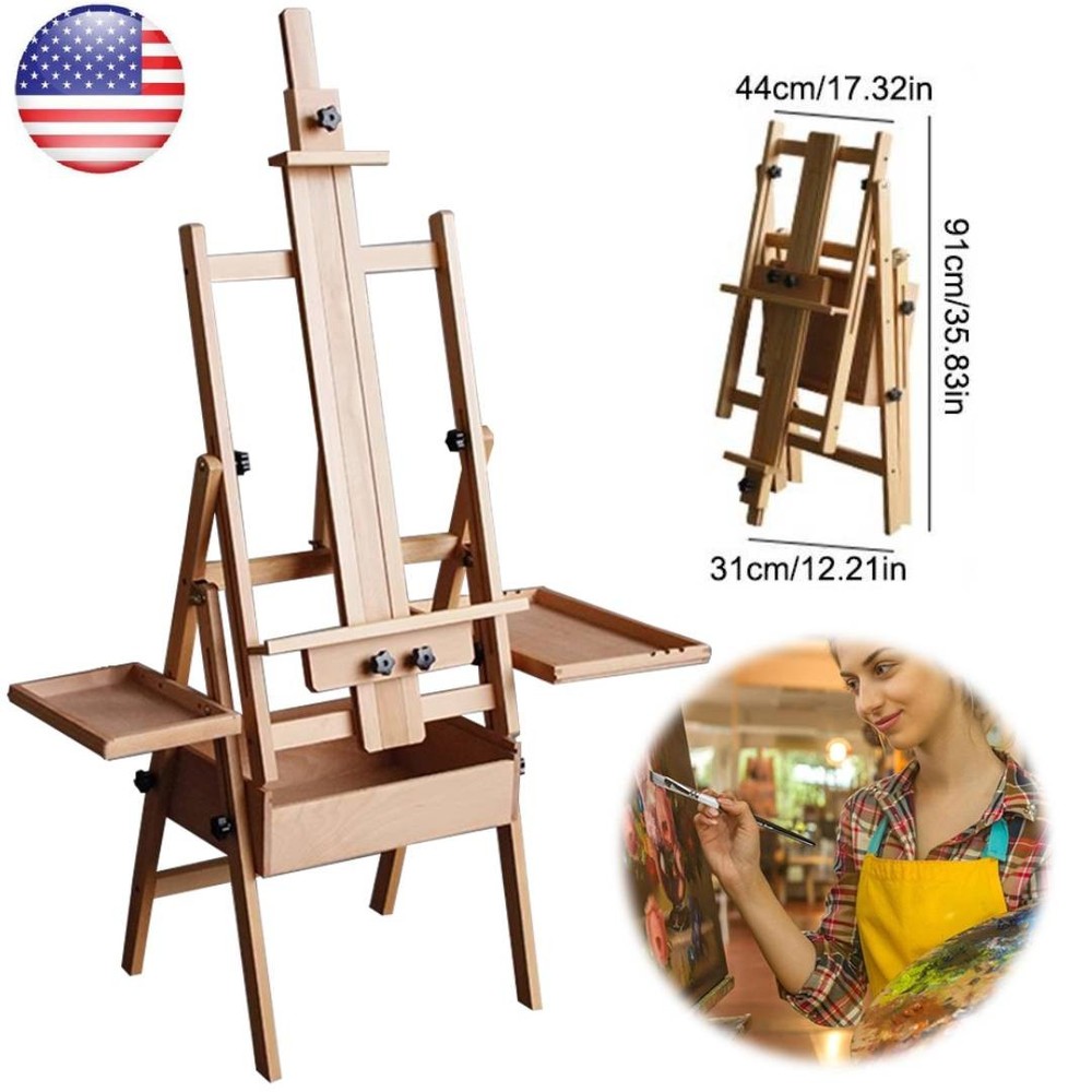 Large Wood H-Frame Easel with Storage Drawer and Palette, Foldable Art Painting