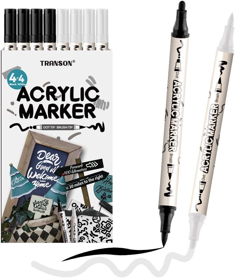 4 Black and 4 White Paint Pens Brush and Bold Dual-tip Acrylic Paint Marker S…