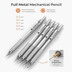 5 PCS Metal Mechanical Pencil Set – 0.3, 0.5, 0.7, 0.9 mm & 2mm Lead Holder, Ske