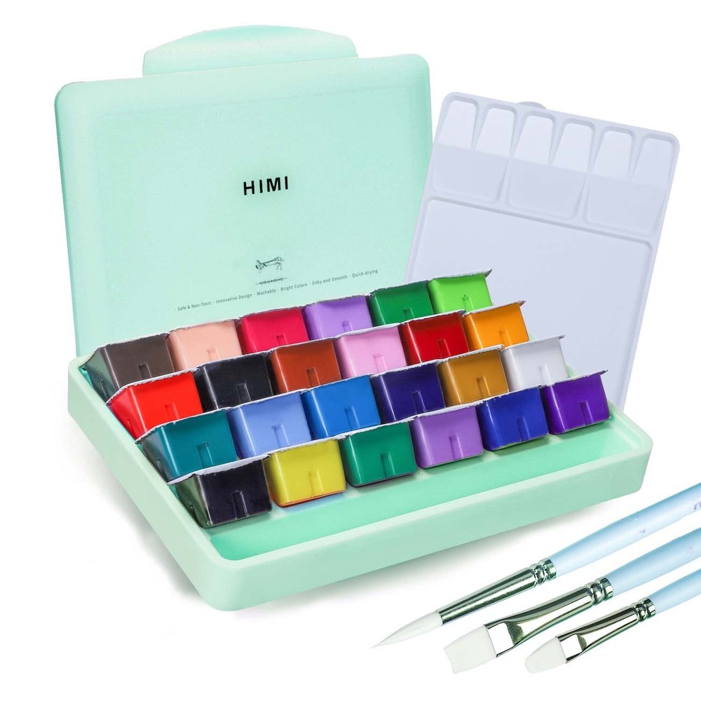 Gouache Paints set with 3 Paint Brushes, 24 Colors, 30g, Jelly Cup Design Non…