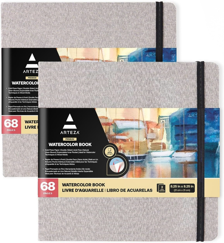 ARTEZA Watercolor Sketchbooks, Pack of 2, 8.25 x 8.25 Inches, 68 Pages Each, 110