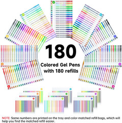 360 Pack Gel Pens Set, 180 Colors Gel Pen Set plus 180 Color Refills Perfect for