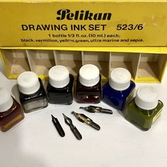Pelikan Drawing Ink Set 523/6 Germany No.9063 Black is Empty 4 Caligraphy Nibs