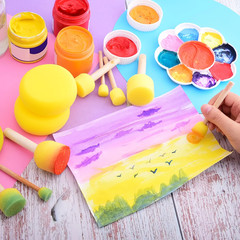 28pcs Round Sponge Brush Foam Paint Stencil Set Wooden Handle Craft Stippling