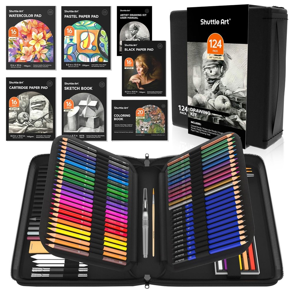 124 PCS Drawing Kit Sketch Charcoal Colored Pencil Art Supplies Case Set Craft