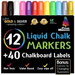 Cedar Markers Liquid Chalk Markers – 12 Pack With Free 40 Chalkboard Labels