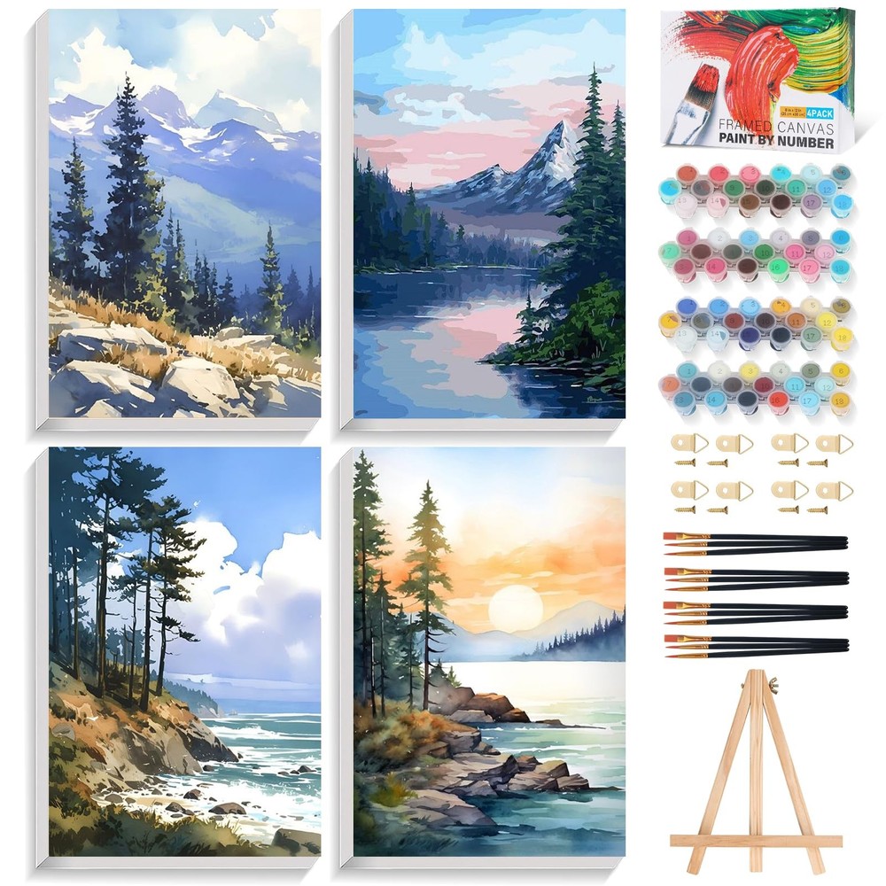 Fountor 4 Pack Framed Paint by Numbers Kit for Adults 8×12 inch, FOP4P-01