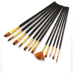 Polished Wood Handle Paint Brush Set 12Pcs for Comfort Gouache, Canvas Painting