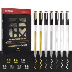 ZSCM Retractable White Gold Silver Gel Pen, 7 Nib 1 Count (Pack of 7), 7 Mix