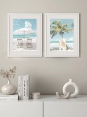 Framed Coastal Beach Wall Art Set of 2 – Relaxing Beach Scene ropical Vaca