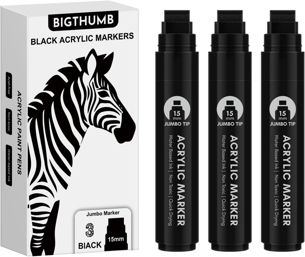 BIGTHUMB 3 Pcs Black Jumbo Permanent Markers: 15Mm Wide Tip Thick Acrylic Paint