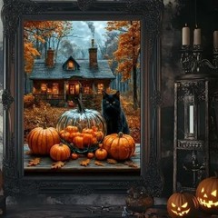 Black Cat Pumpkins Haunted House Fall Leaves 5D Diamond Full Drill Dots Gem Kit