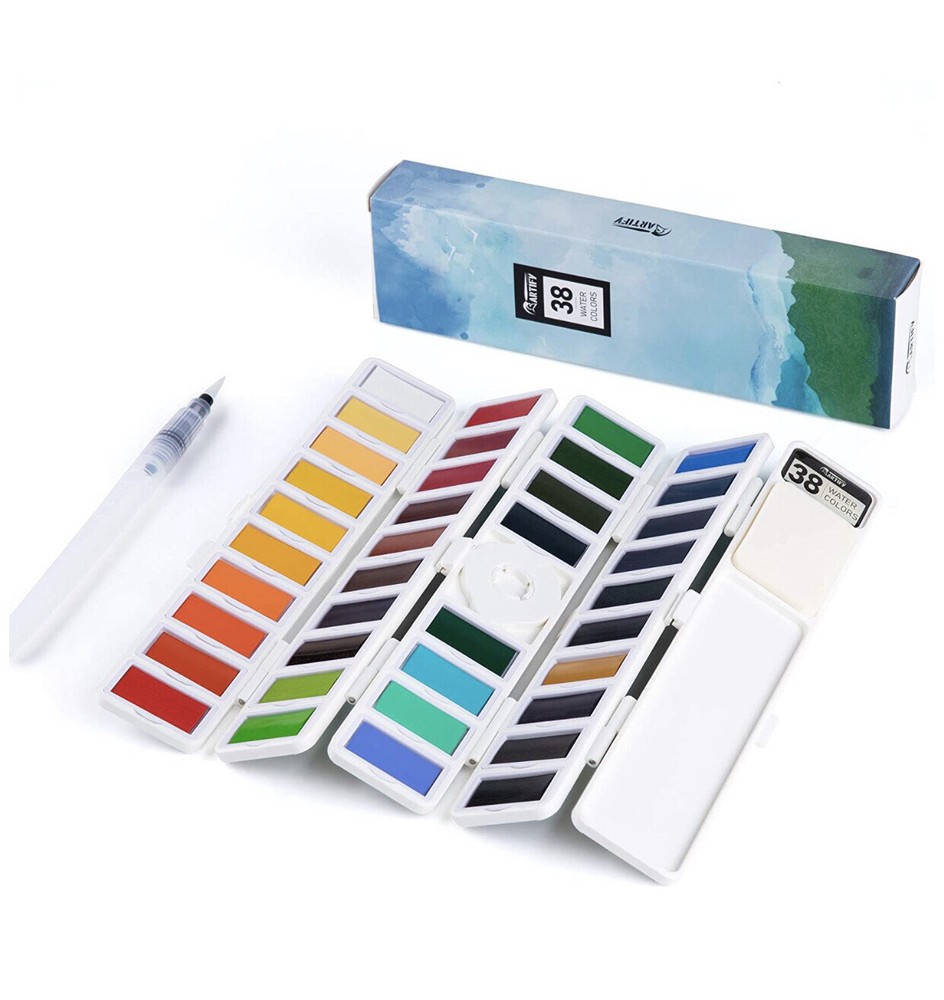 Professional 38 Colors Watercolor Paint Draw Painting + Water Brush Pigments Set